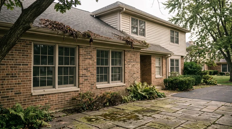 leaf-clogged gutters above brick muntin windows and mossy stone patio, Chicago suburbs